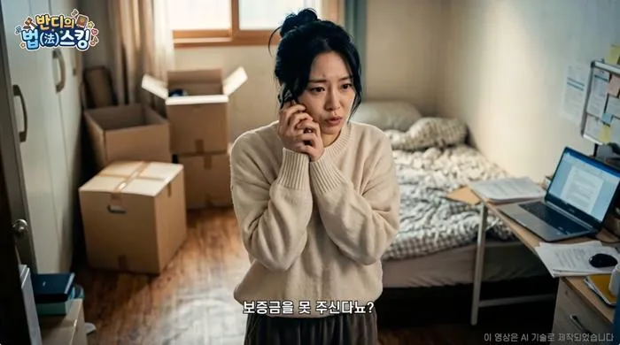 반디의 법스킹 장면. 이삿짐 상자가 쌓인 방에서 통화하는 여성과 "보증금을 못 주신다뇨?" 자막
